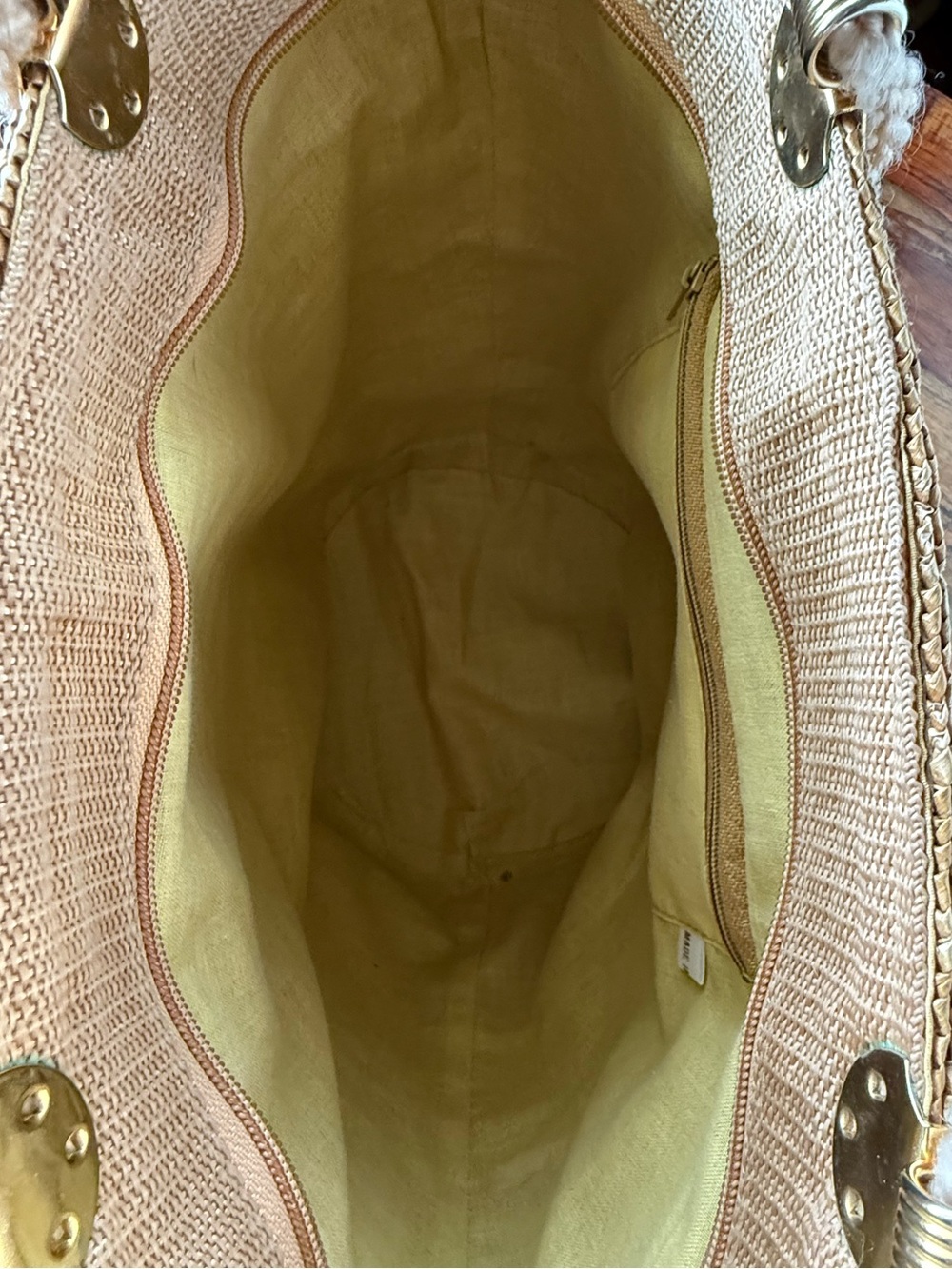 Vintage Straw Tote Bag Gold Trim Coastal Resort Boho Woven Shoulder Purse - Picture 7 of 11